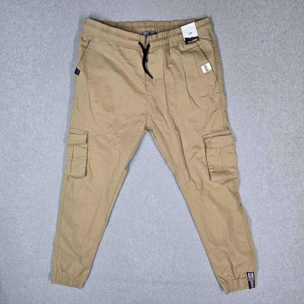 Pull & Bear Men Pants 38 Khaki Cargo Jogger  Logo Outdoor Pockets 27" Inseam NWT
